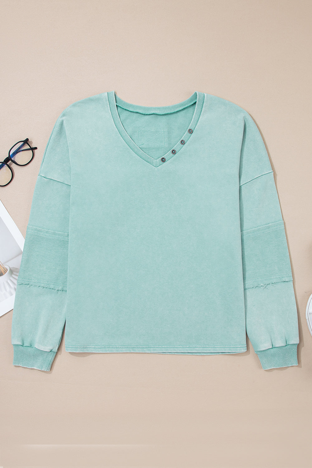 Carbon Grey Mineral Wash Exposed Seam Buttoned V Neck Pullover Top