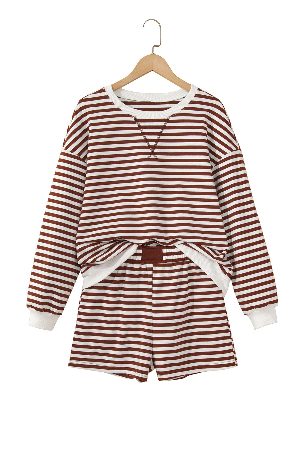 Grapefruit Orange Drop Shoulder Long Sleeve Pullover Elastic Waist Casual Short Set