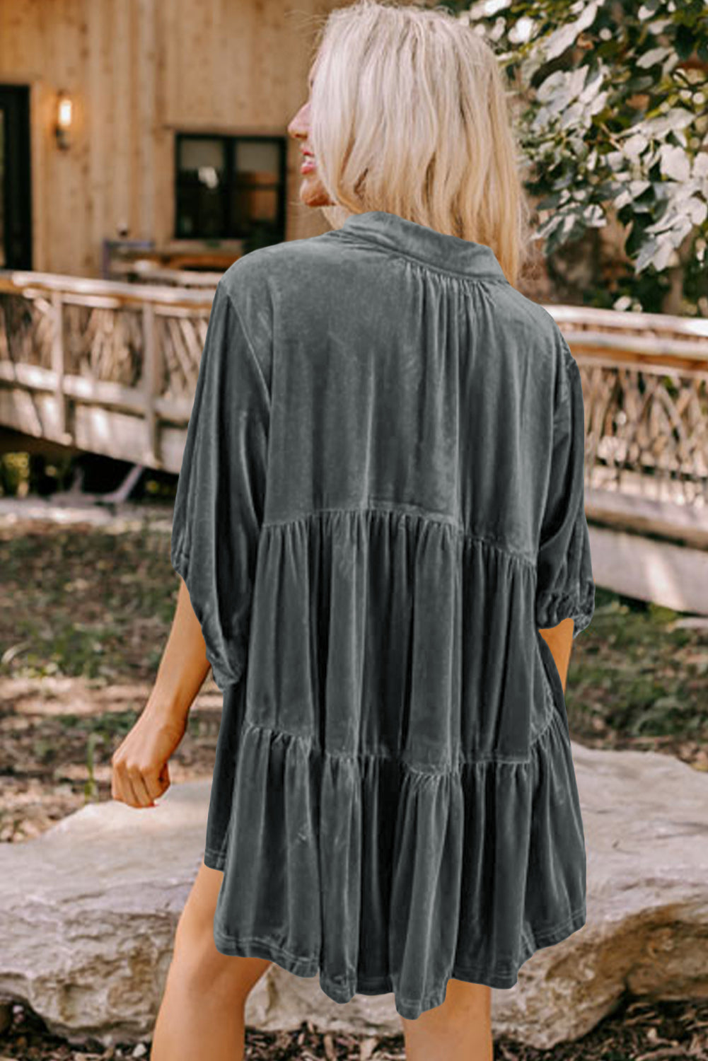 Pale Khaki 3/4 Sleeve Tunic Babydoll Velvet Shirt