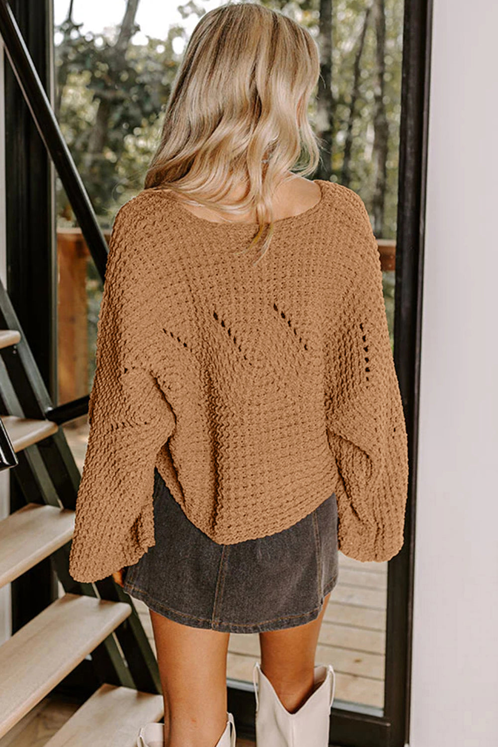White Hollowed Detail Wide Sleeve Loose Pullover Sweater