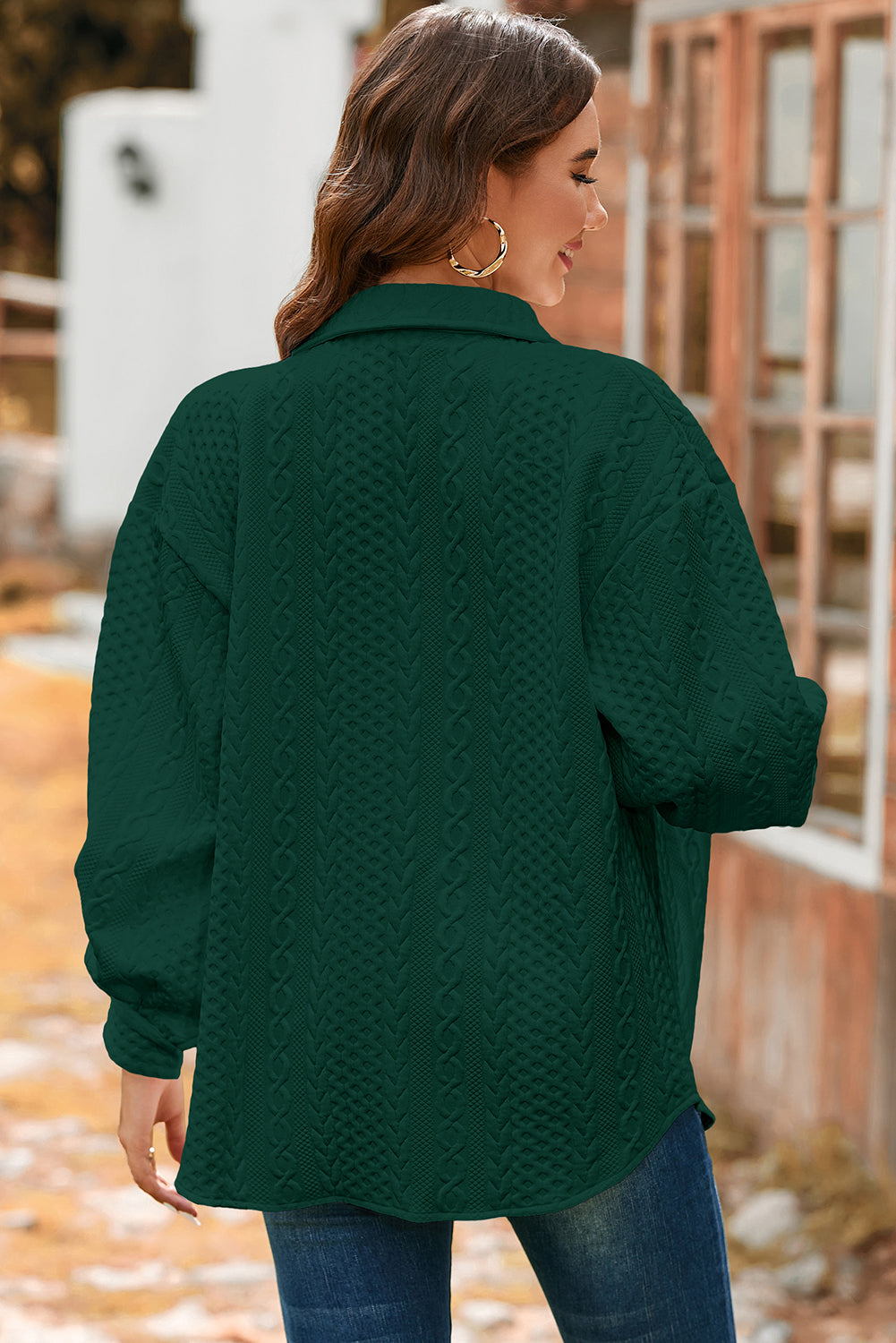 Camel Cable Texture Puff Sleeve Loose Shacket