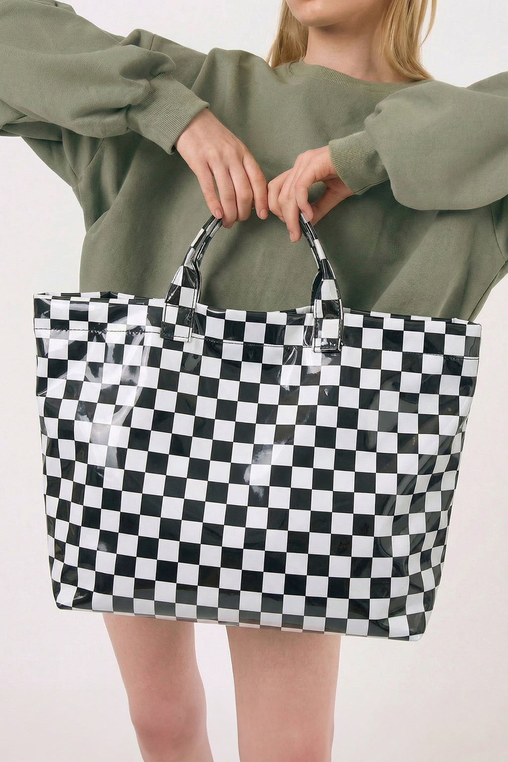 Dusk Blue Eyelet Flower Pattern PVC Glossy Waterproof Tote Bag