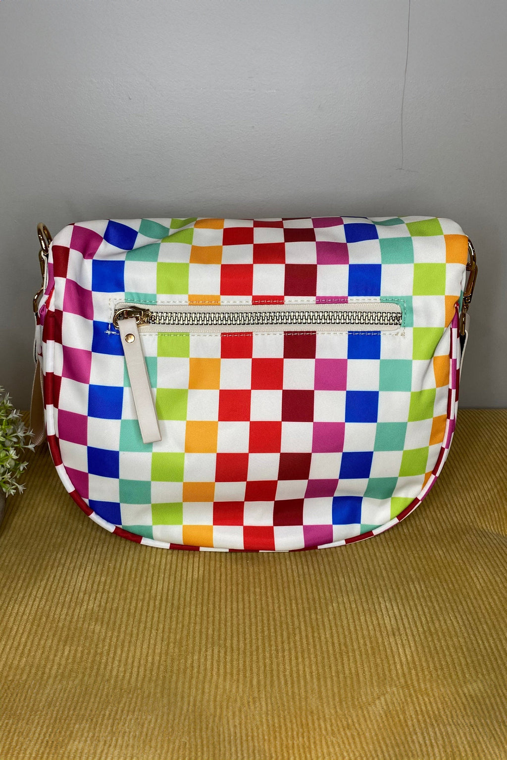 Fiery Red Pretty Checkerboard/ Strawberry Printed Canvas Double Zip Crossbody Bag