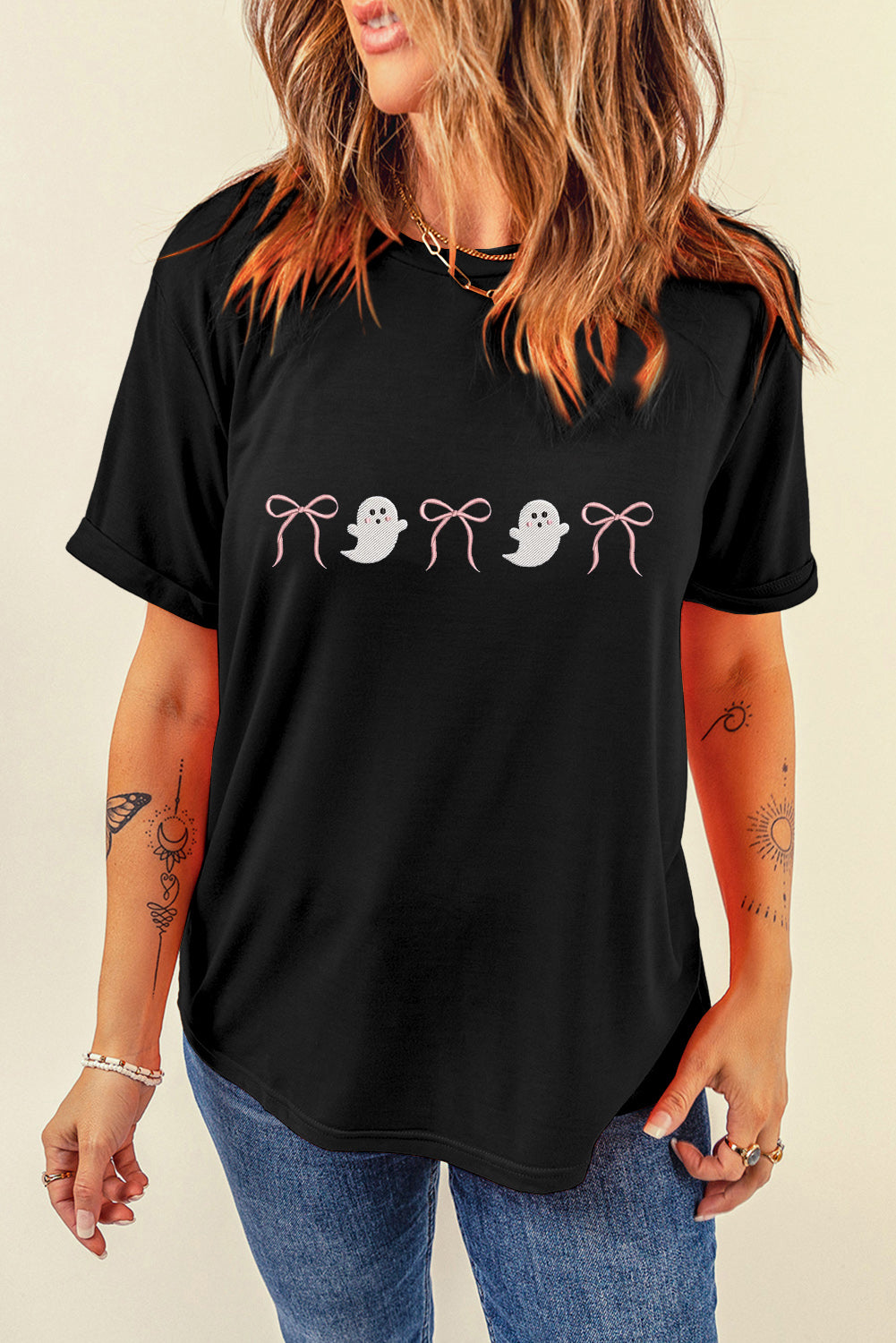 Black Halloween Ghost Bow Embroidered Loose T Shirt
