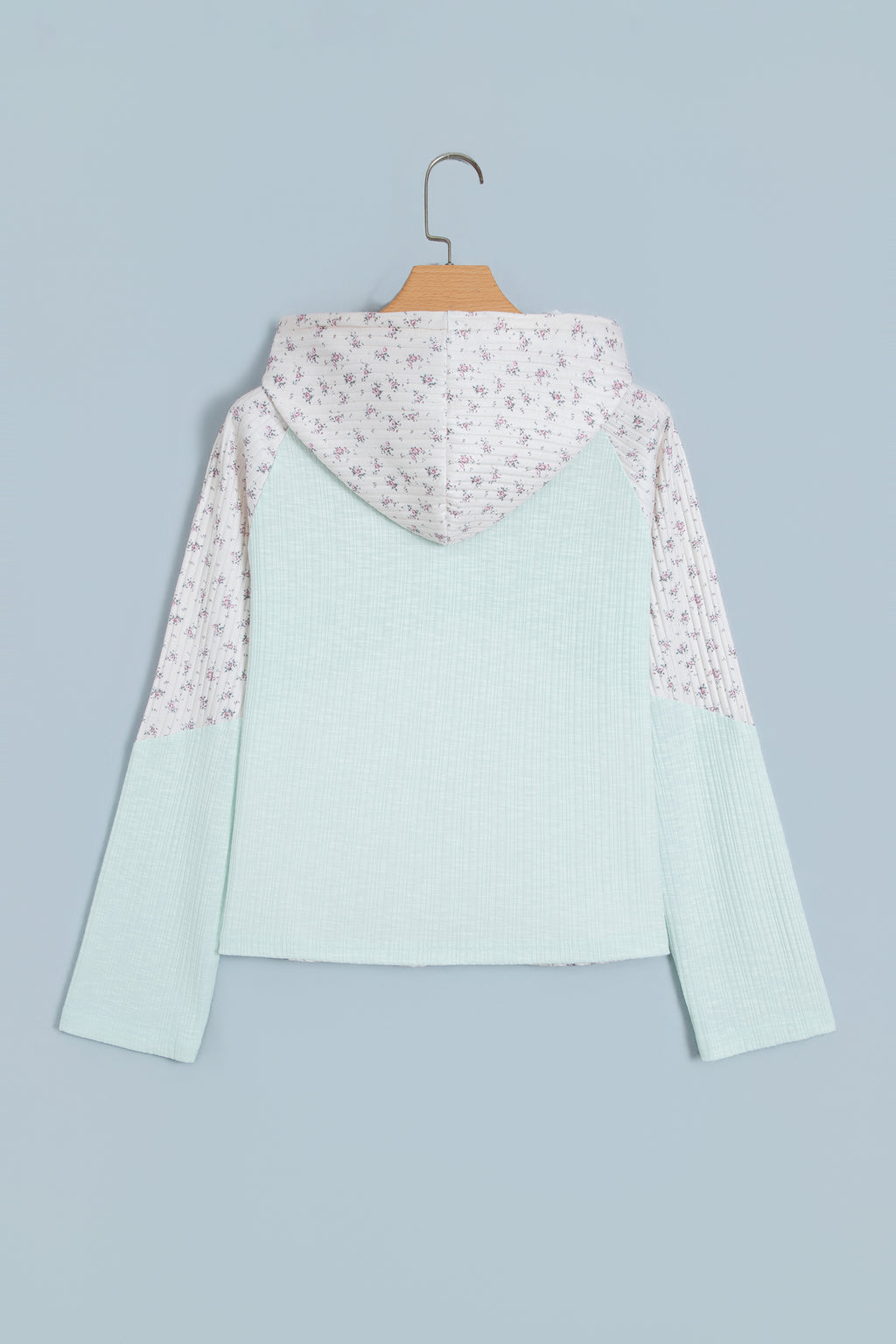 Clearly Aqua Textured Floral Patchwork Button Hooded Long Sleeve Top