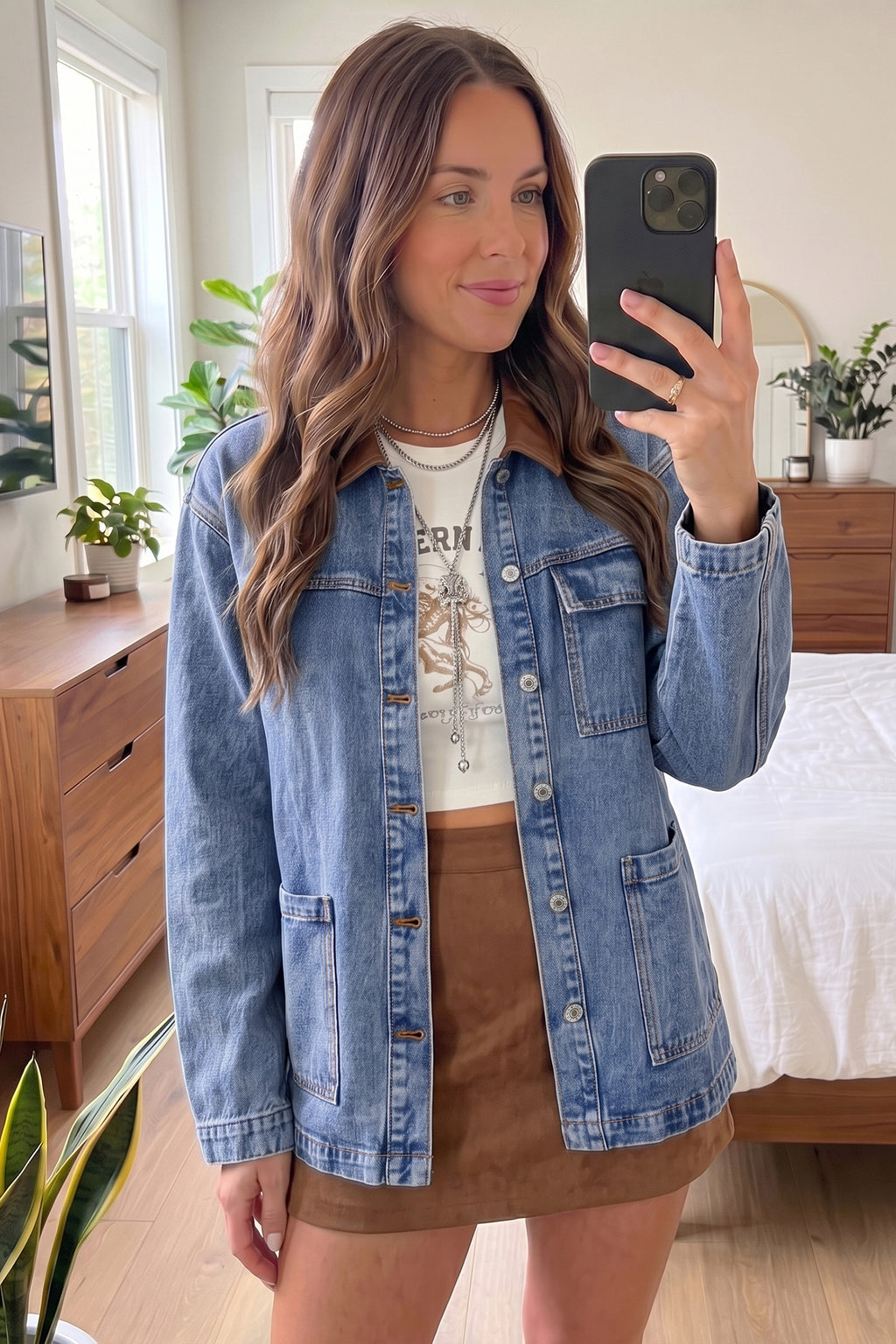 Sky Blue Patchwork Faux Leather Collar Long Sleeve Denim Jacket