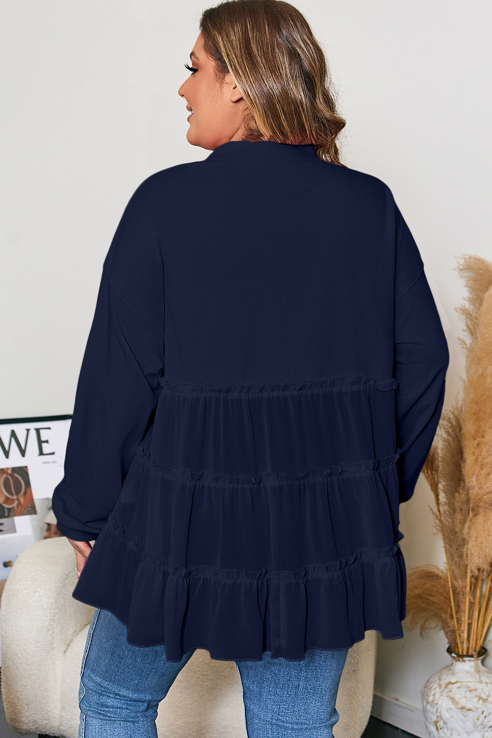 Pink Tiered Ruffle Ribbed Crew Neck Pullover Plus Size Top