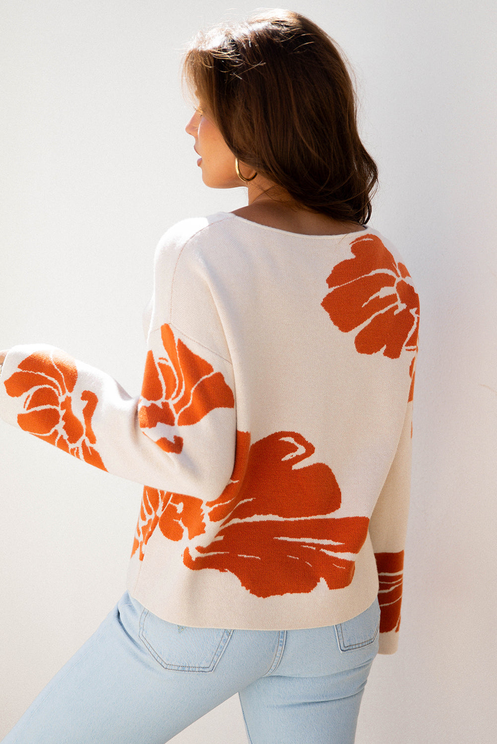 Beige Bold Flower Pattern Wide Sleeve Baggy Sweater