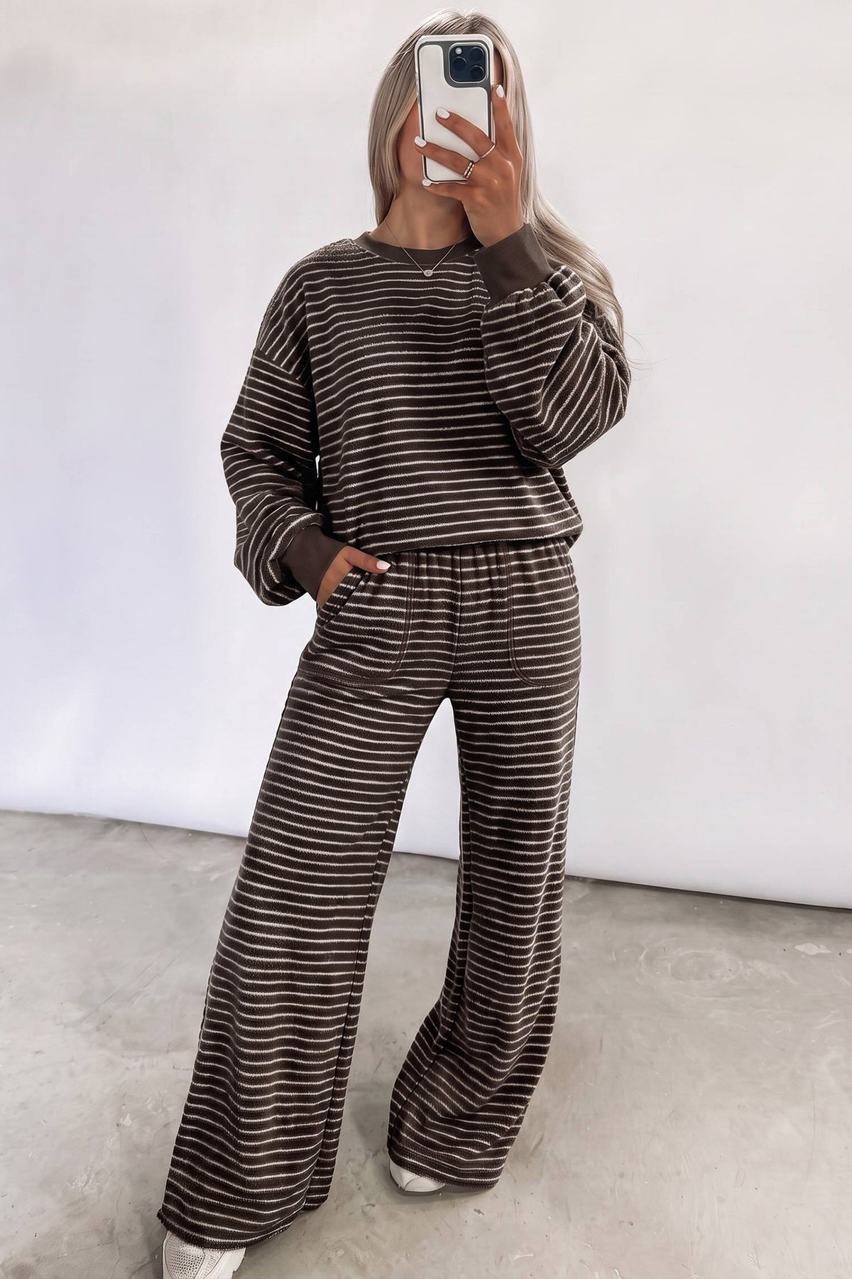Black Stripe Cozy Terry Knit Long Sleeve Pullover Pocketed Shift Pants 2pcs Sets