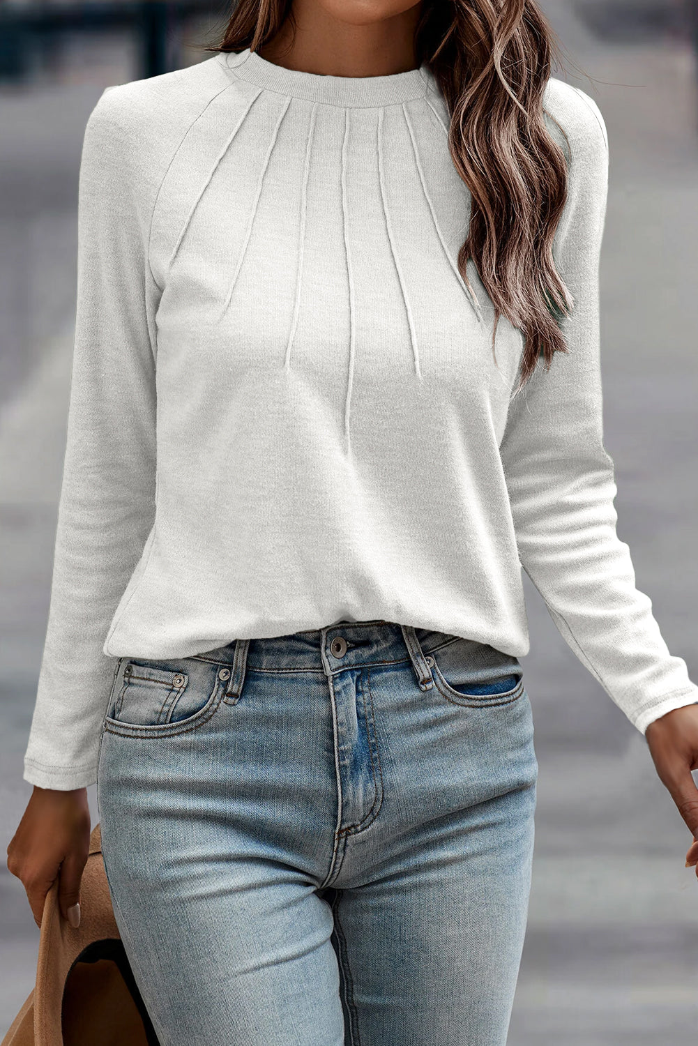 White Solid Color Seam Detail Raglan Long Sleeve Top