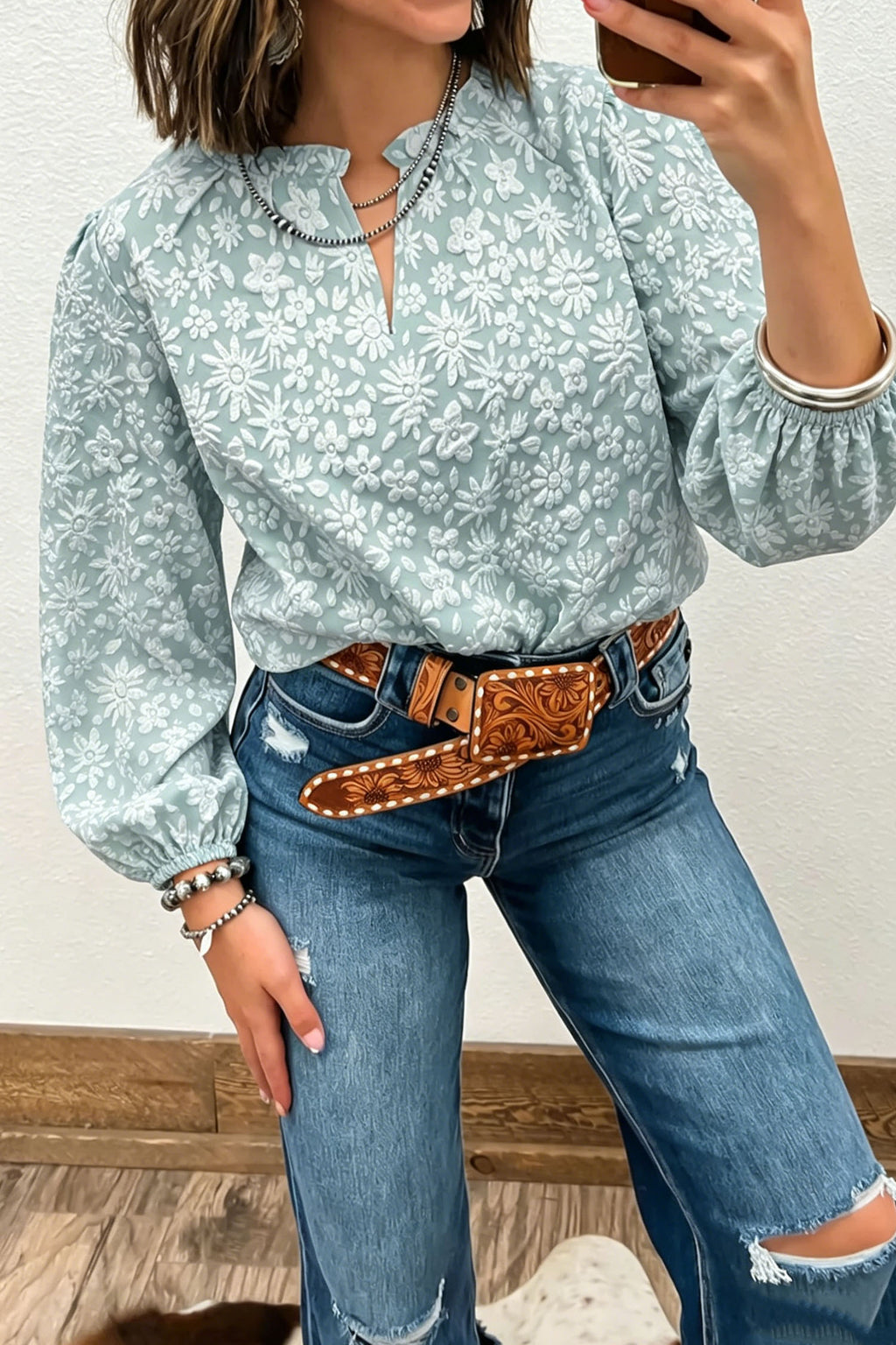 Apricot V Neck Floral Textured Long Sleeve Casual Blouse