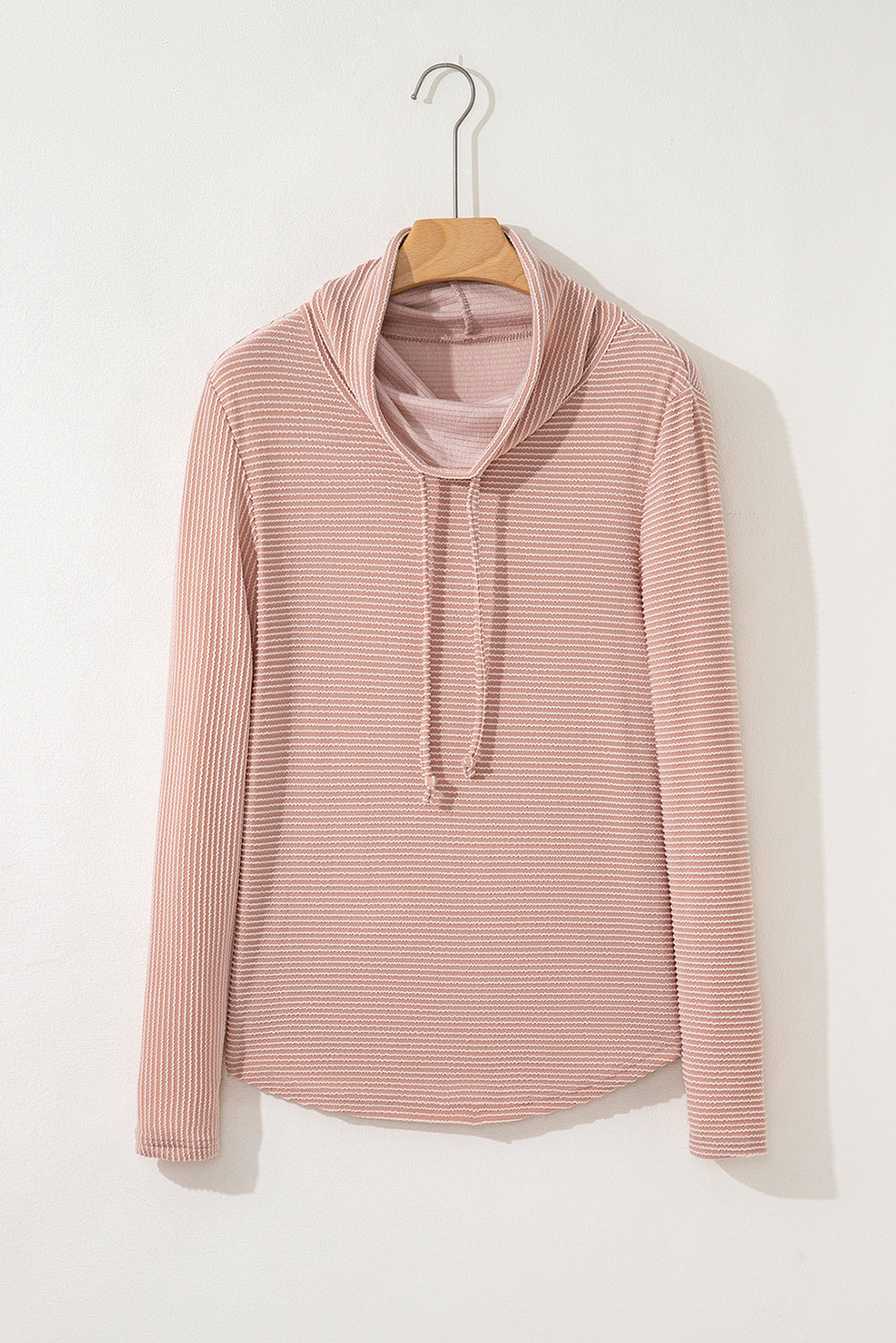 Pale Chestnut Horizontal Twist Ribbed Drawstring Cowl Neck Knit Top