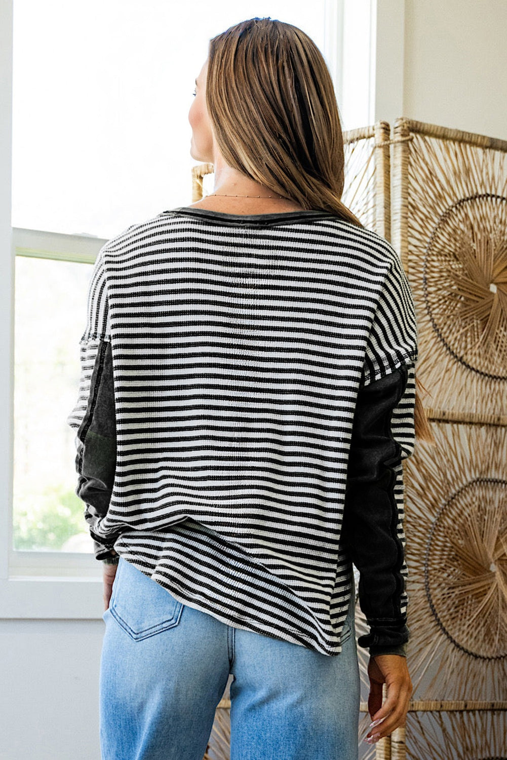 Khaki Stripe Thermal Knit Drop Shoulder Casual Top