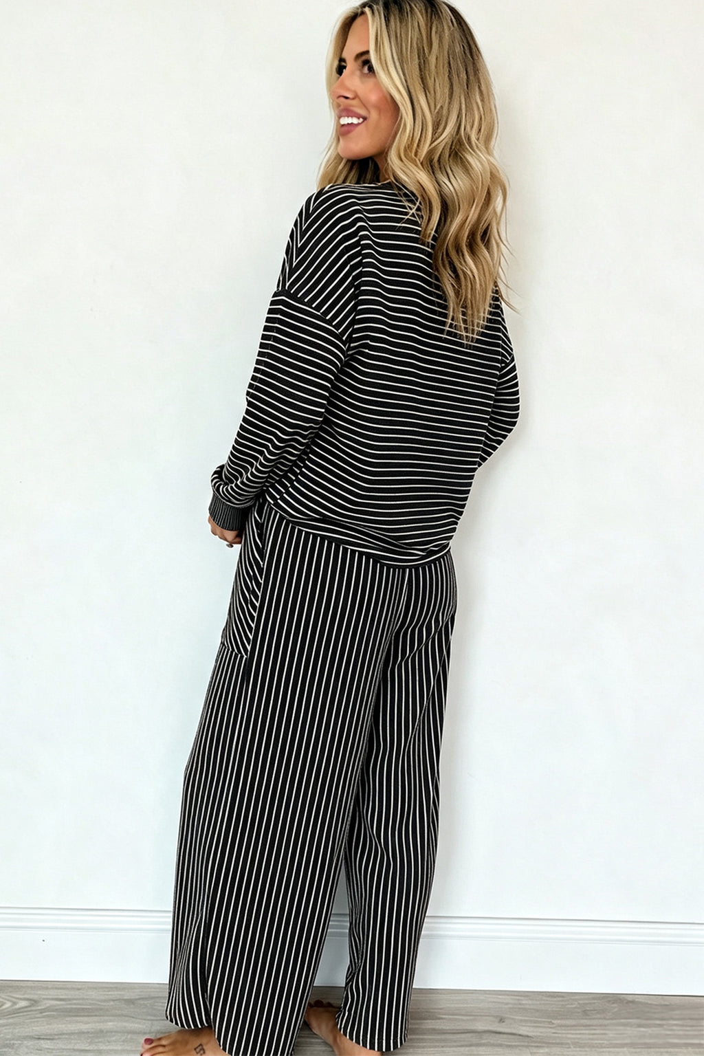 Brown Stripe Drop Shoulder Relaxed Pullover Casual Pants 2pcs Set