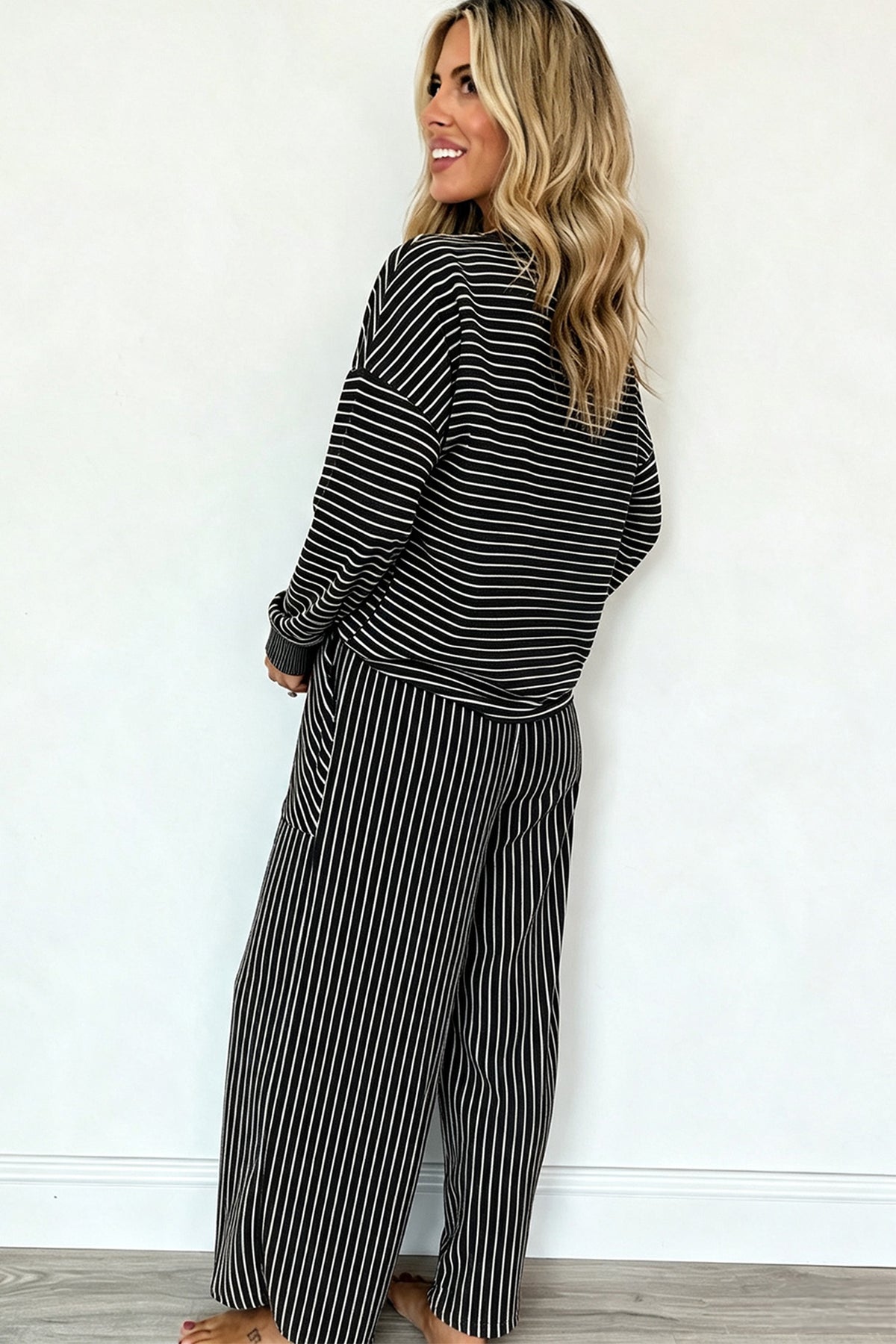Brown Stripe Drop Shoulder Relaxed Pullover Casual Pants 2pcs Set