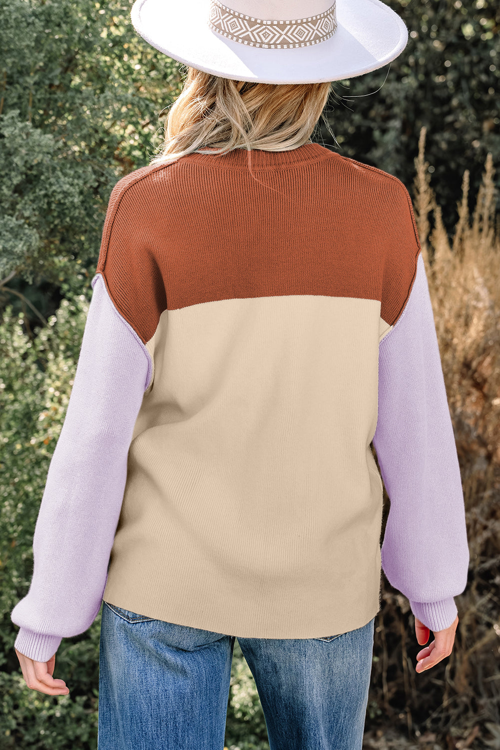 Green Color Block Plain Ribbed Knit Baggy Sweater