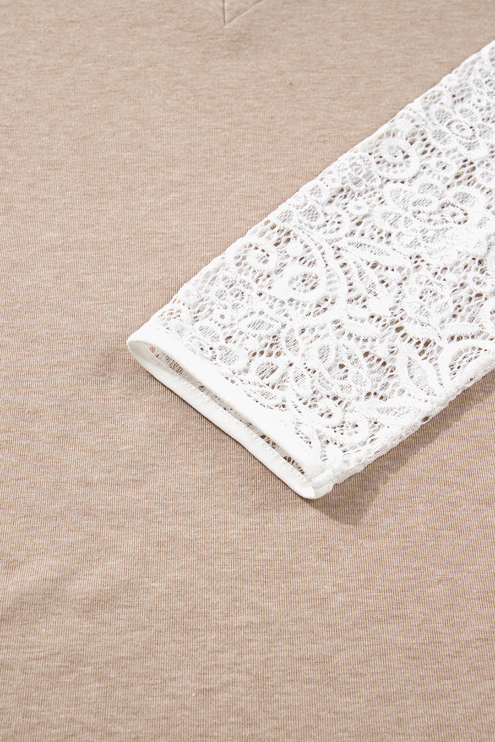 Oatmeal V Neck Contrast Lace Patchwork Long Sleeve Top