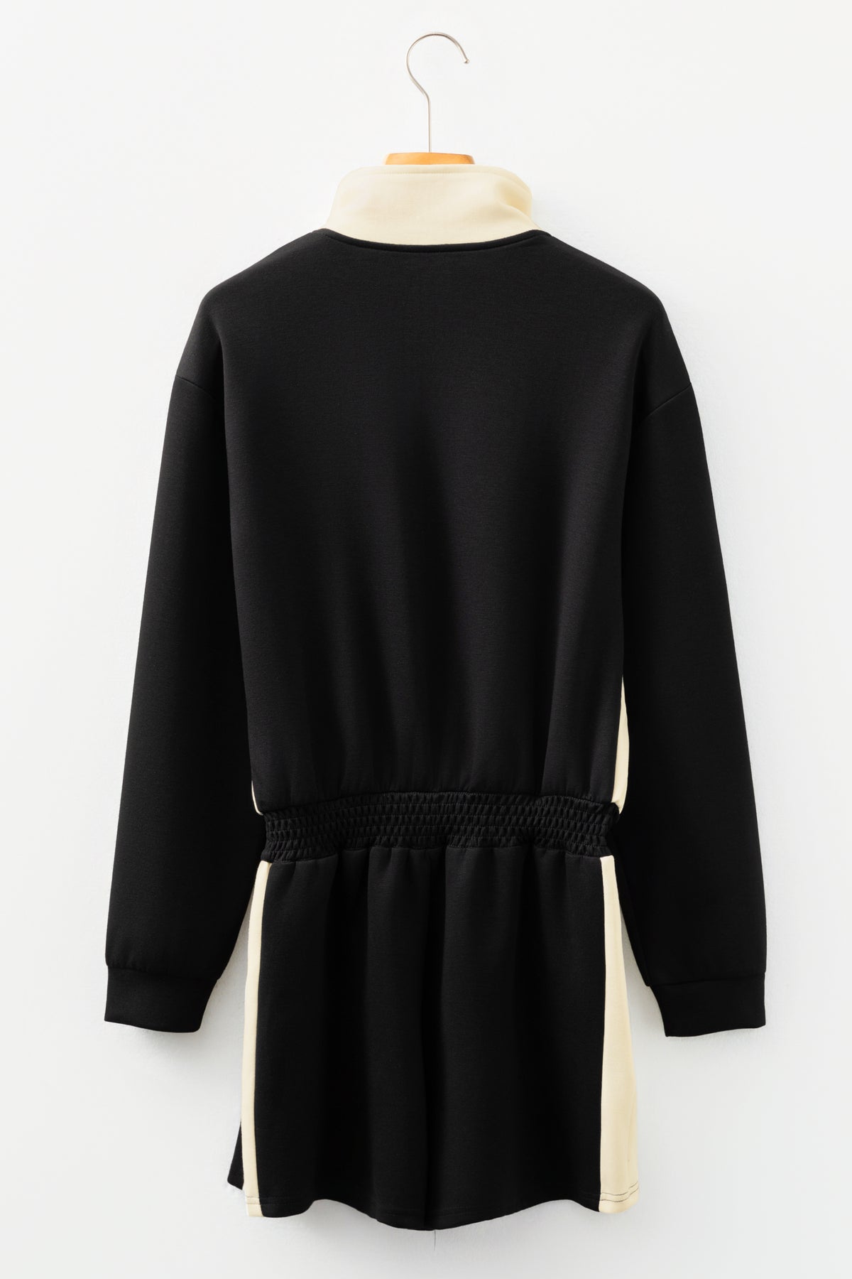 Black Two-tone Long Sleeve Zipped Front Casual Romper
