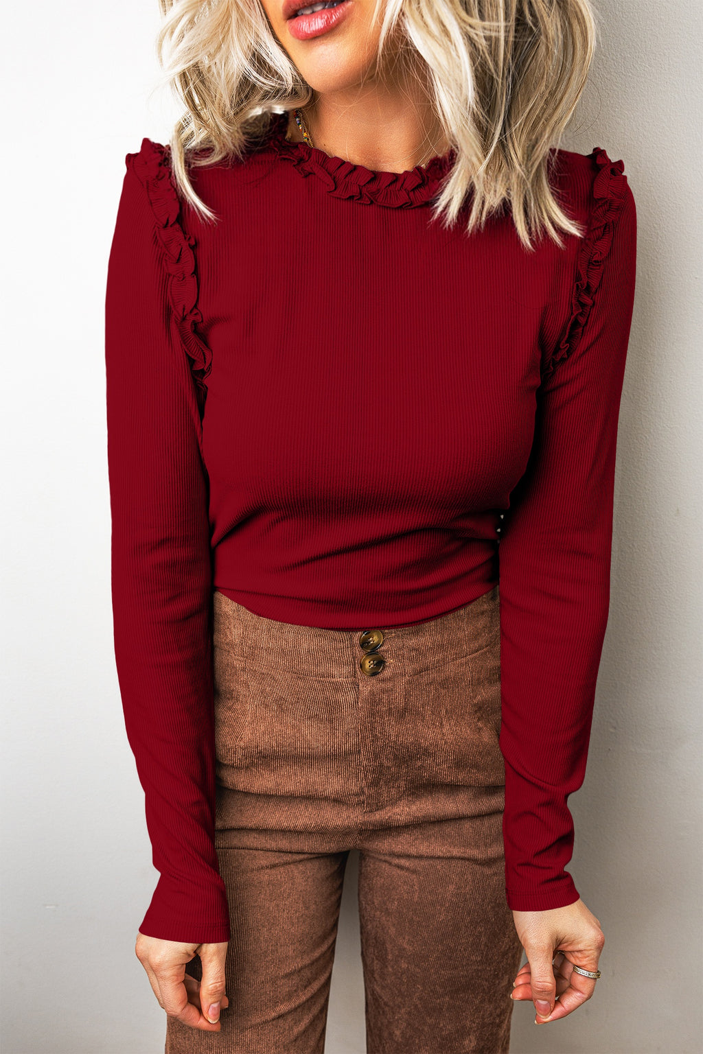 Beige Solid Color Round Neck Frill Detail Long Sleeve Top