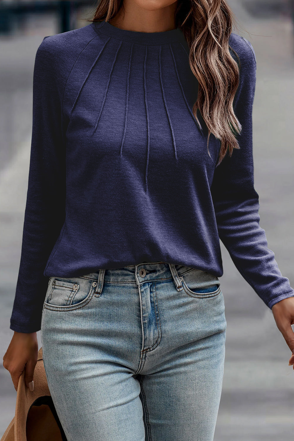 White Solid Color Seam Detail Raglan Long Sleeve Top