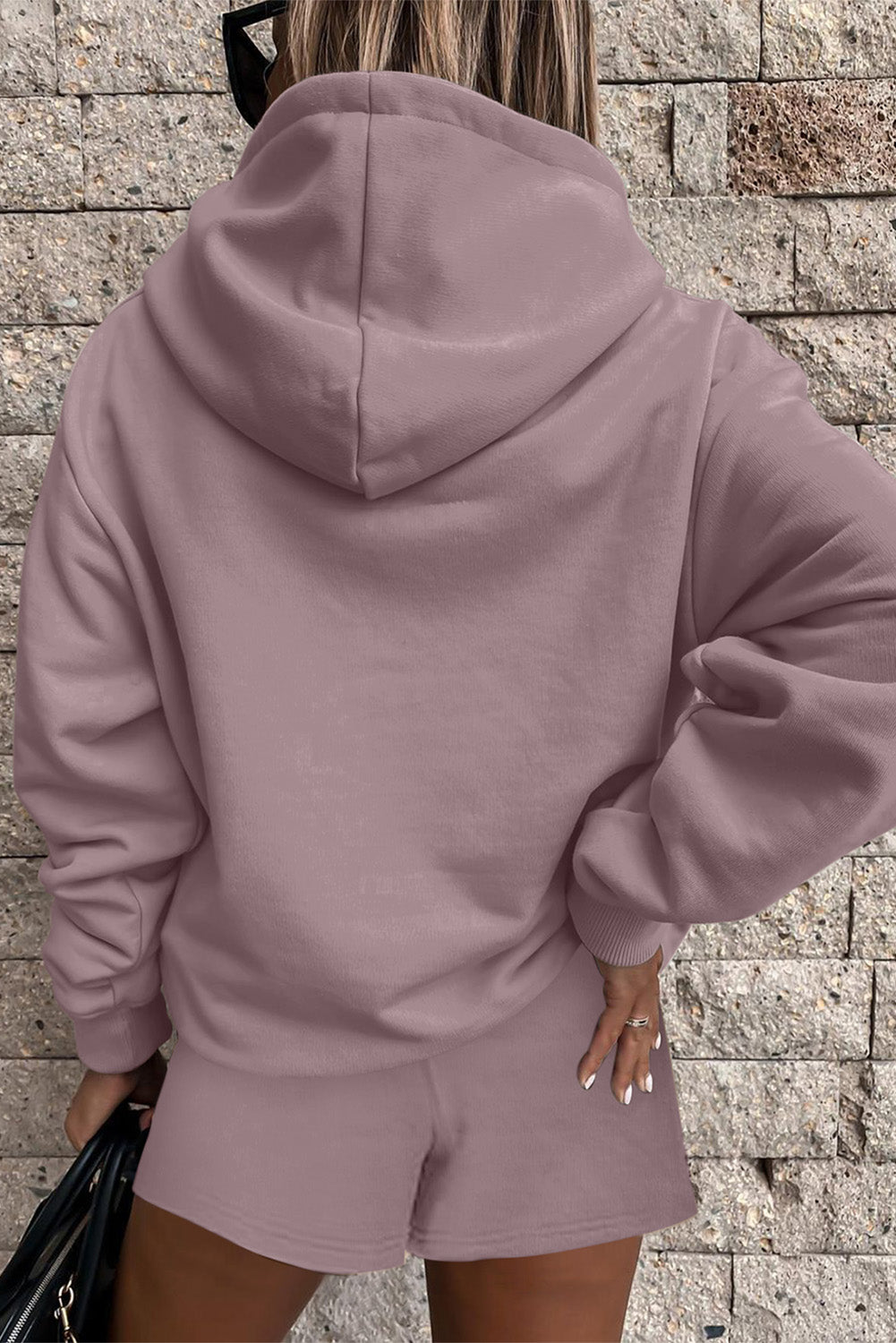 Valerian Button Drawstring Hooded Pullover and Casual Short Set