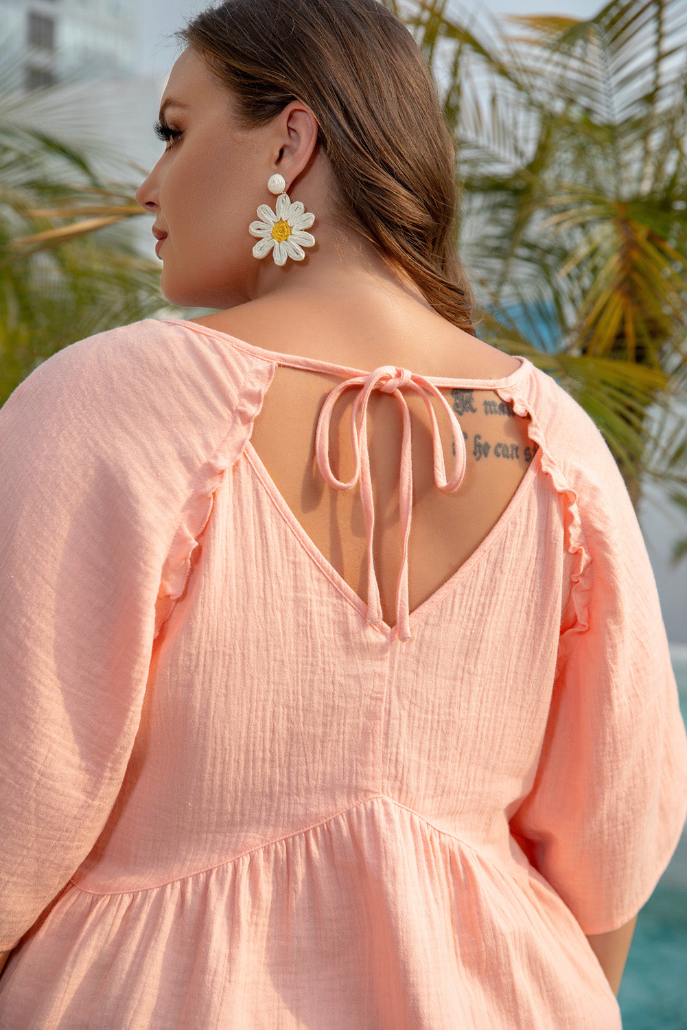 Apricot Pink Plus Size Textured Wide Short Sleeve Babydoll Blouse