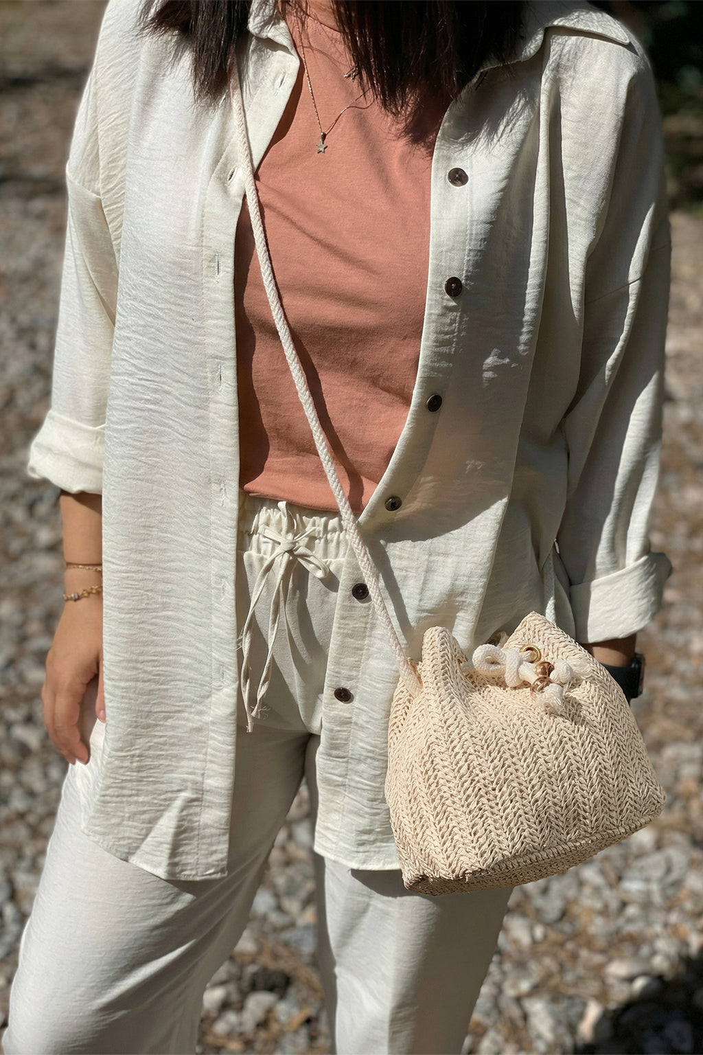White Boho Straw Woven Drawstring Closure Mini Bucket Bag