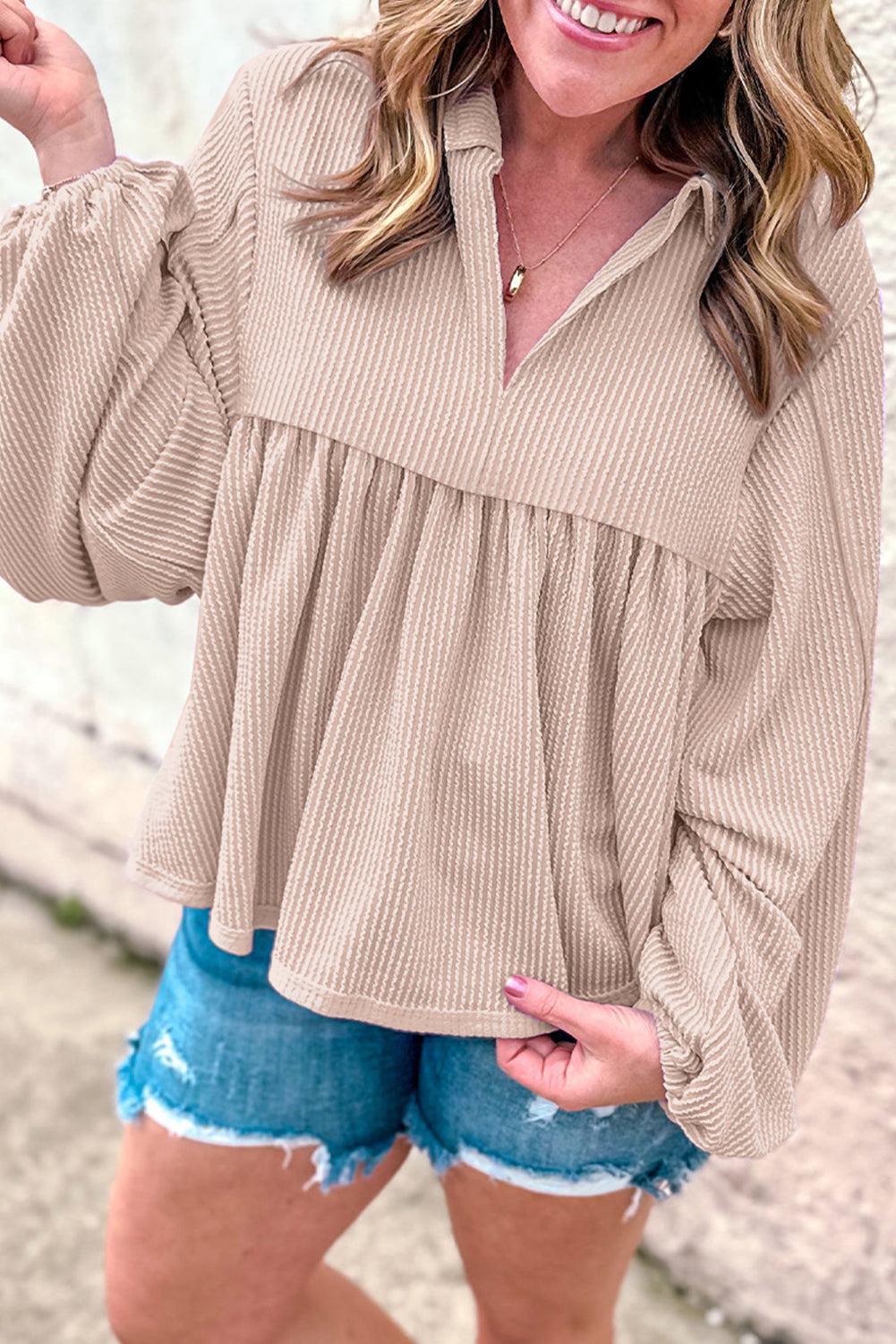 Parchment Corded Turn-down V Neck Bubble Sleeve Babydoll Blouse