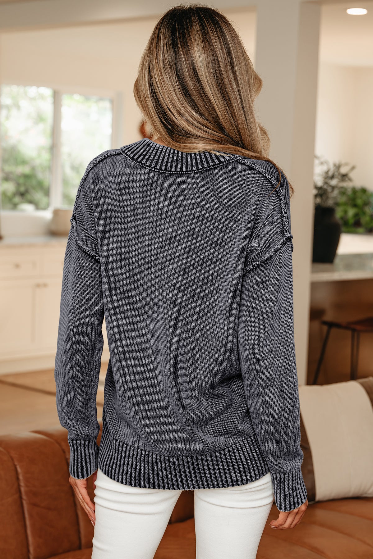 Black Mineral Wash V Neck Knit Exposed Seam Drop Shoulder Loose Sweater