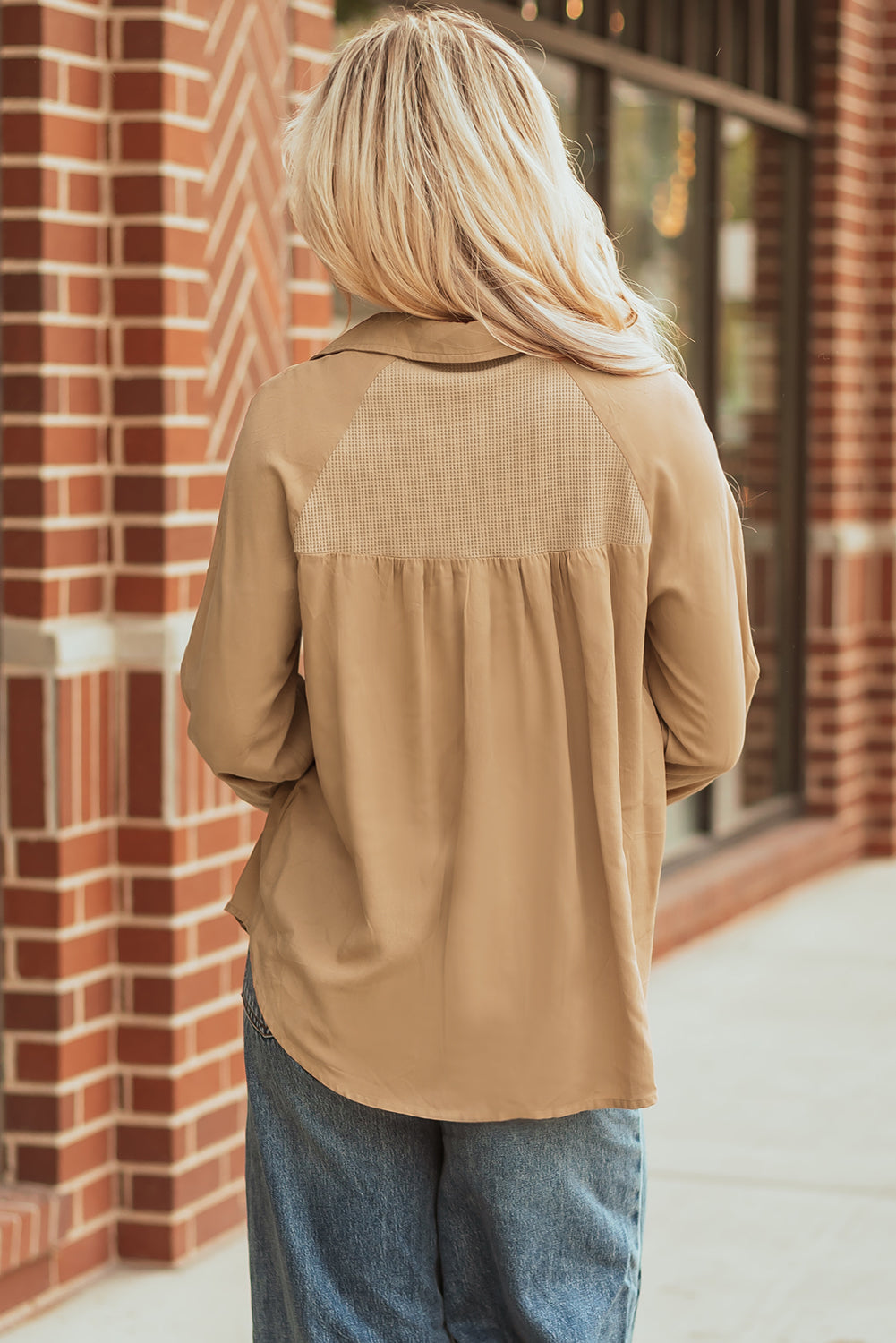Light French Beige Waffle Patchwork Button Up Frayed Hem Shirt