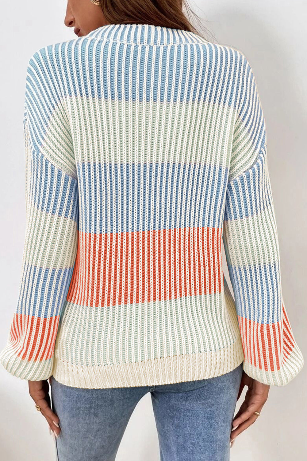 Brown Colorblock Textured Knit Bubble Sleeve Sweater