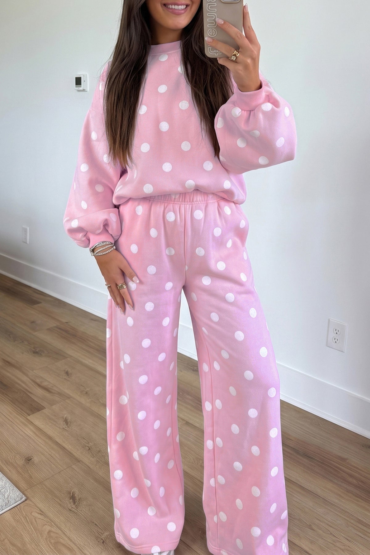 Pink Polka Dot Puff Sleeve Top Casual Pants 2pcs Set
