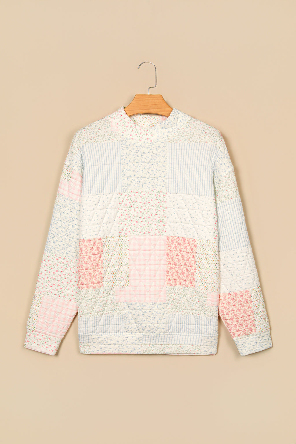 Multicolour Floral Patchwork Quilted Mock Neck Long Sleeve Top
