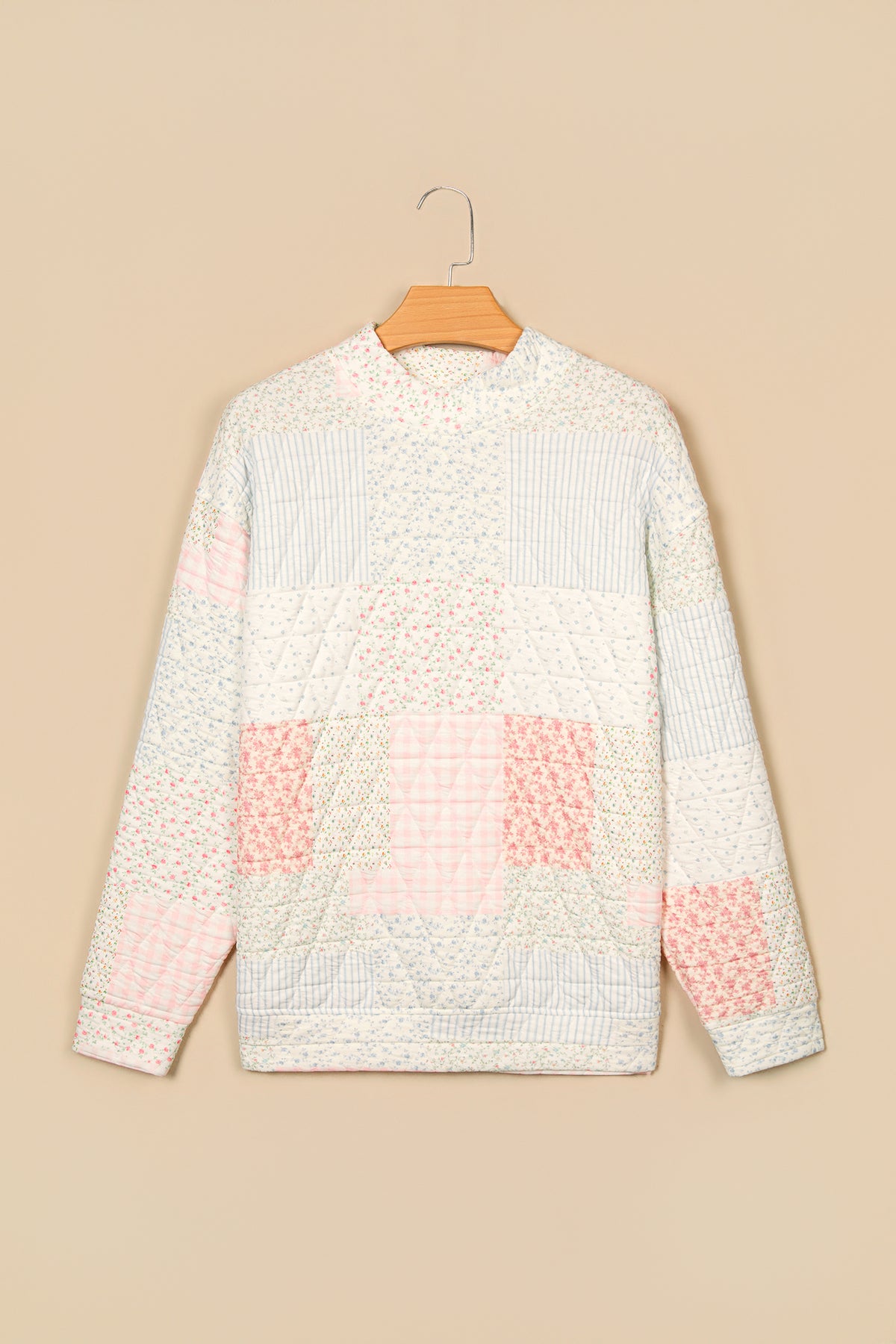 Multicolour Floral Patchwork Quilted Mock Neck Long Sleeve Top