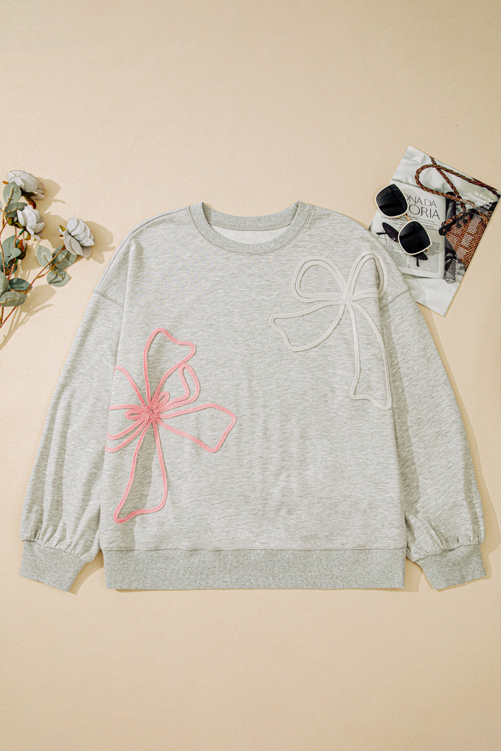 Light Grey Plus Size Thread Embroidered Drop Shoulder Round Neck Sweatshirt