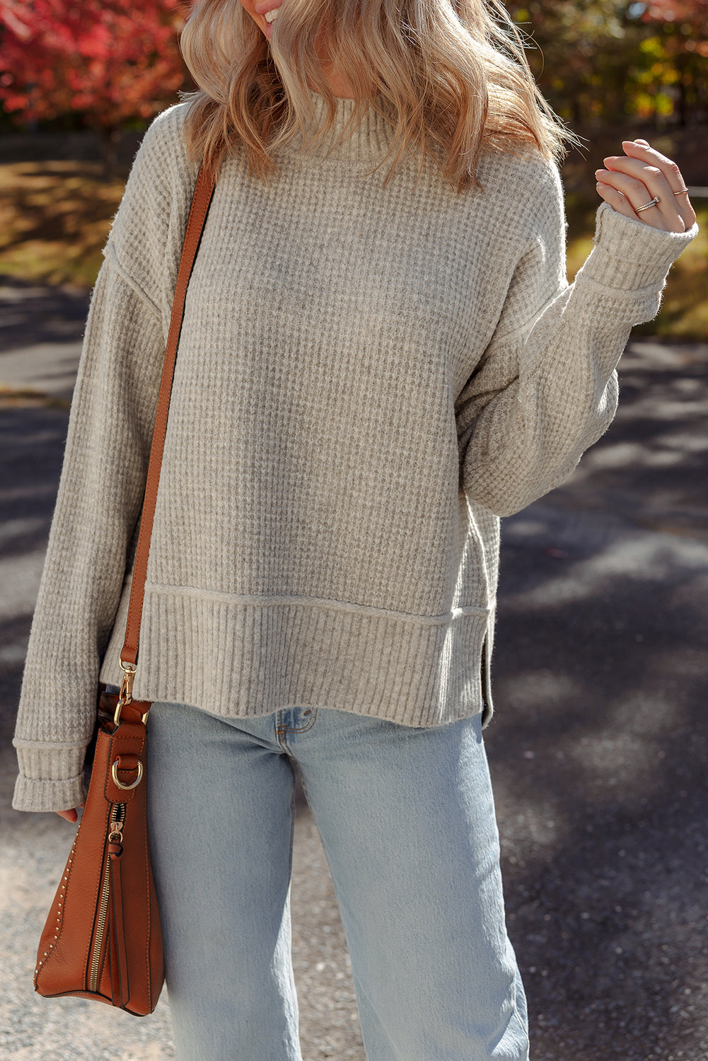 Gray Morn Waffle Texture Knit Ribbed High Neck Drop Shoulder Sweater