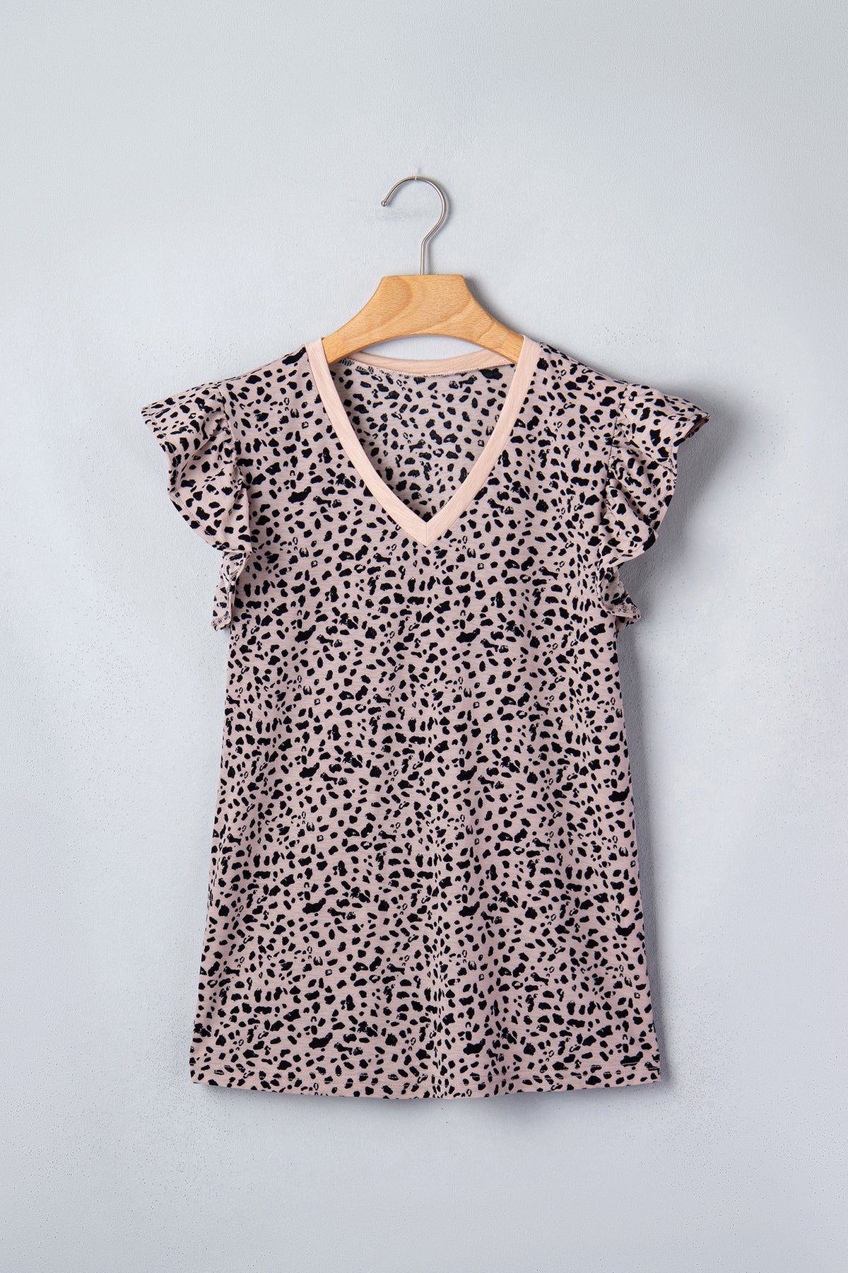 Black Cheetah Print V Neck Ruffle Trim Loose Tank Top