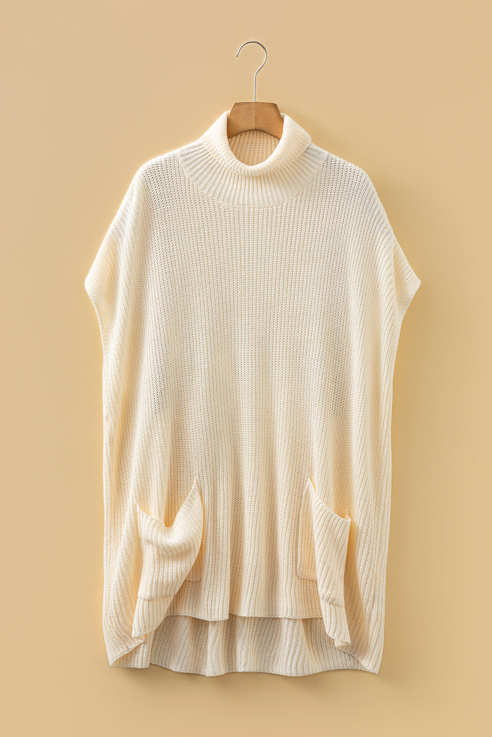 Jet Stream Plain Knit Casual Turtleneck Short Sleeve Tunic Sweater with Pockets