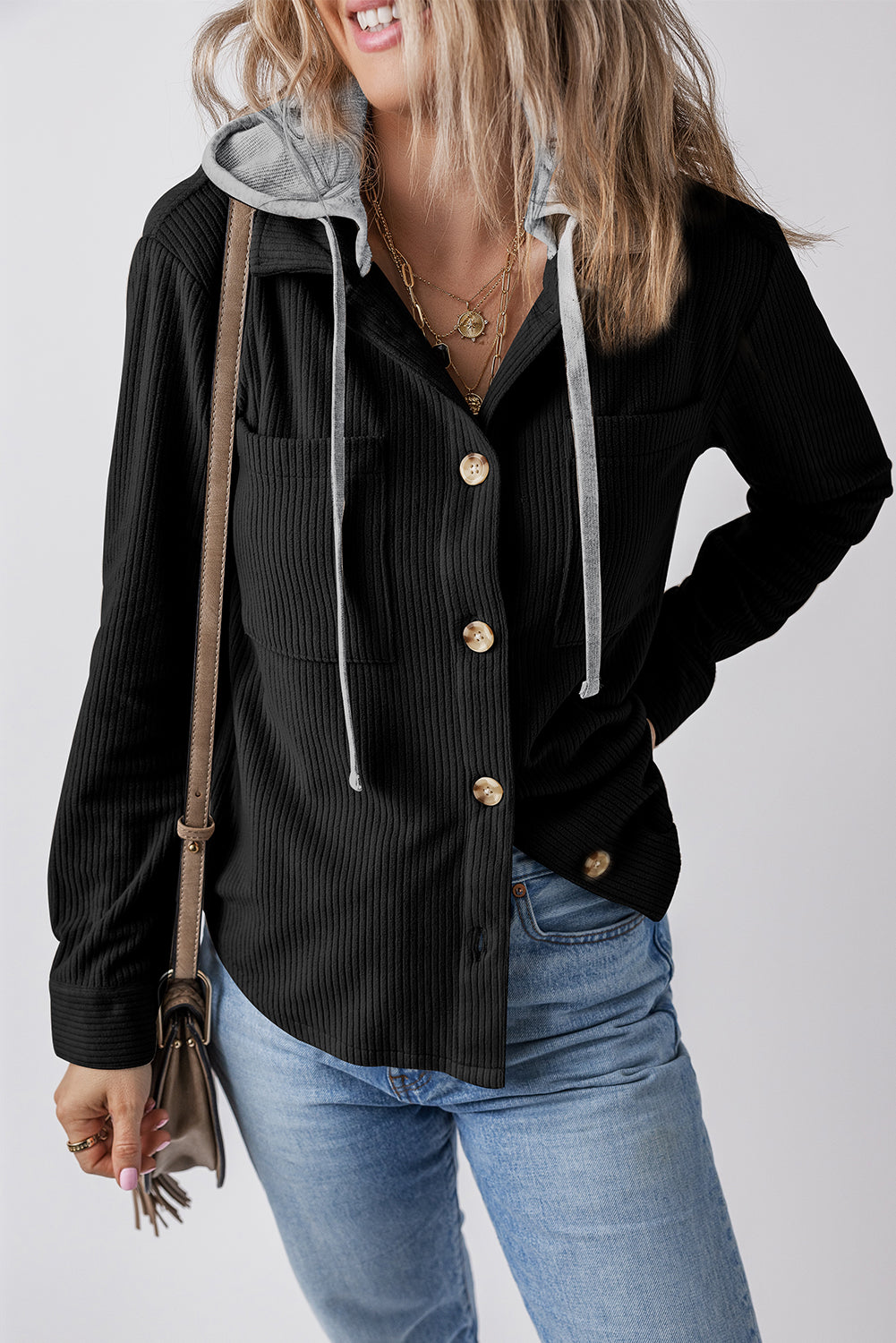 Pale Khaki Hooded Drawstring Pockets Corduroy Shacket