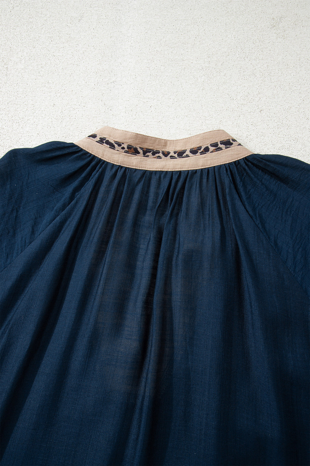 Navy Blue Contrast Leopard Patchwork Collar Plus Size Long Flounce Sleeve Blouse
