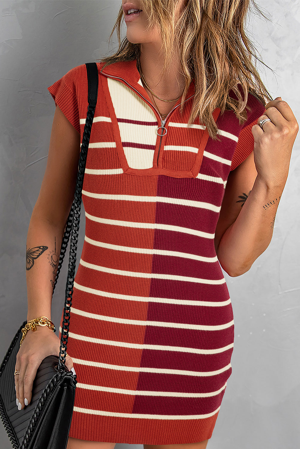 Black Stripe Color Block Quarter Zip Collar Short Sleeve Sweater Dress