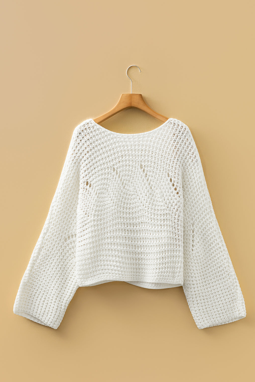 White Hollowed Detail Wide Sleeve Loose Pullover Sweater