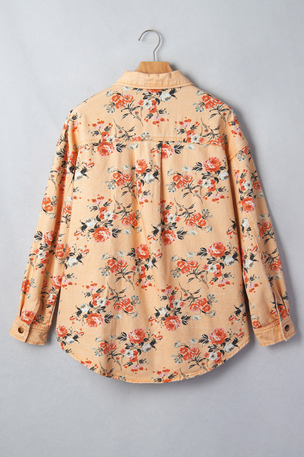 Khaki Floral Print Long Sleeve Shift 100% Cotton Denim Jacket
