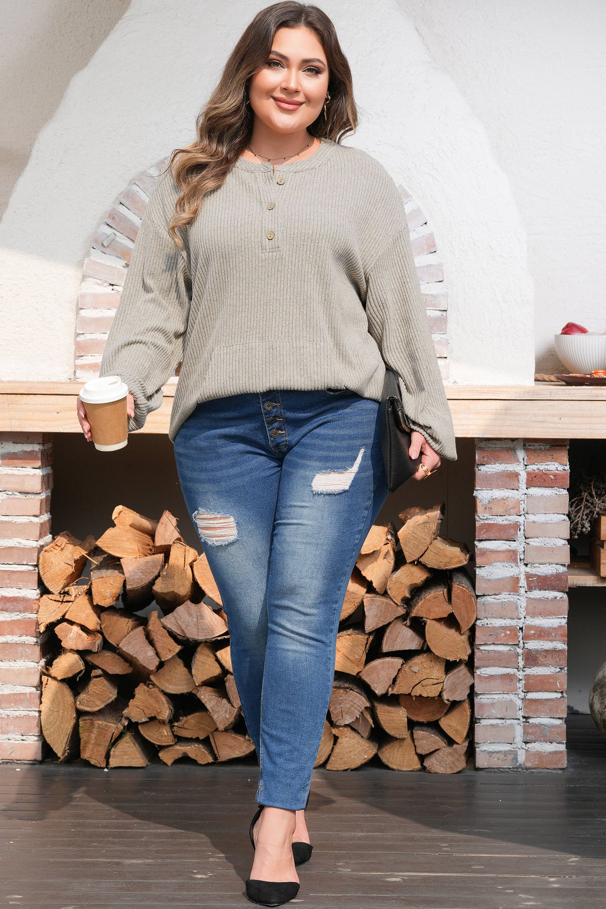 Simply Taupe Plus Size Ribbed Knit Kangaroo Pocket Henley Long Sleeve Top