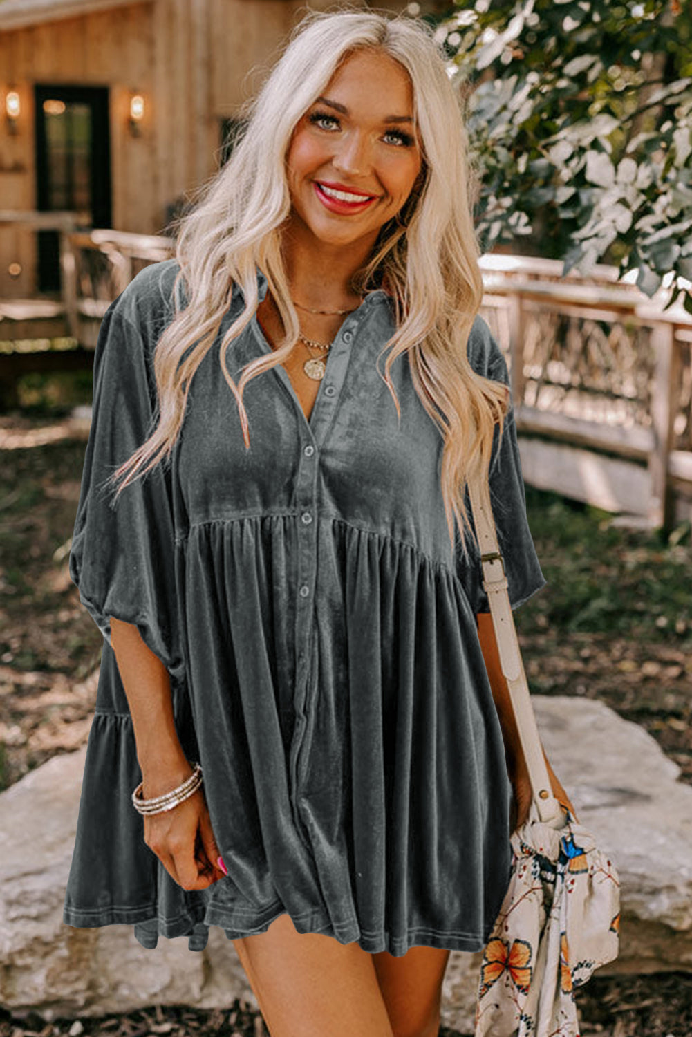 Pale Khaki 3/4 Sleeve Tunic Babydoll Velvet Shirt