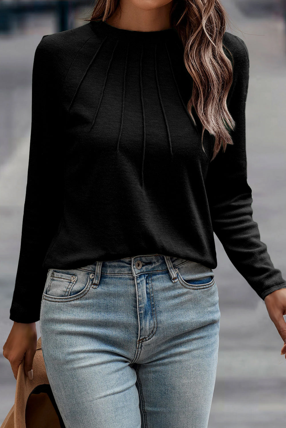 White Solid Color Seam Detail Raglan Long Sleeve Top