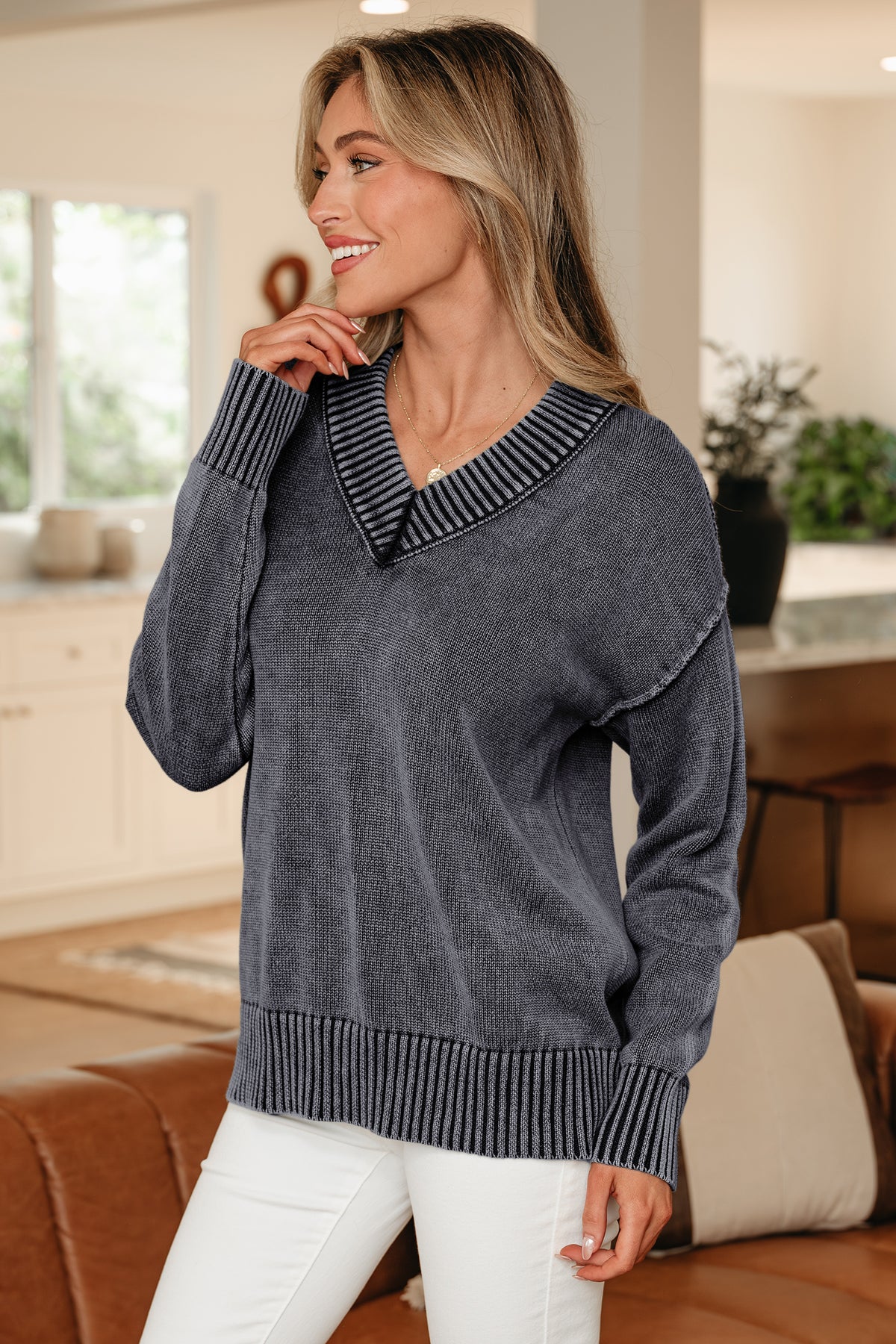 Black Mineral Wash V Neck Knit Exposed Seam Drop Shoulder Loose Sweater