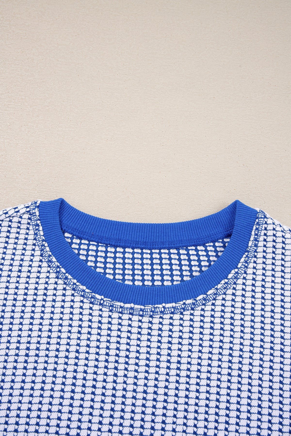 Dark Blue Waffle Knit Exposed Stitching Casual Top with Side Slits