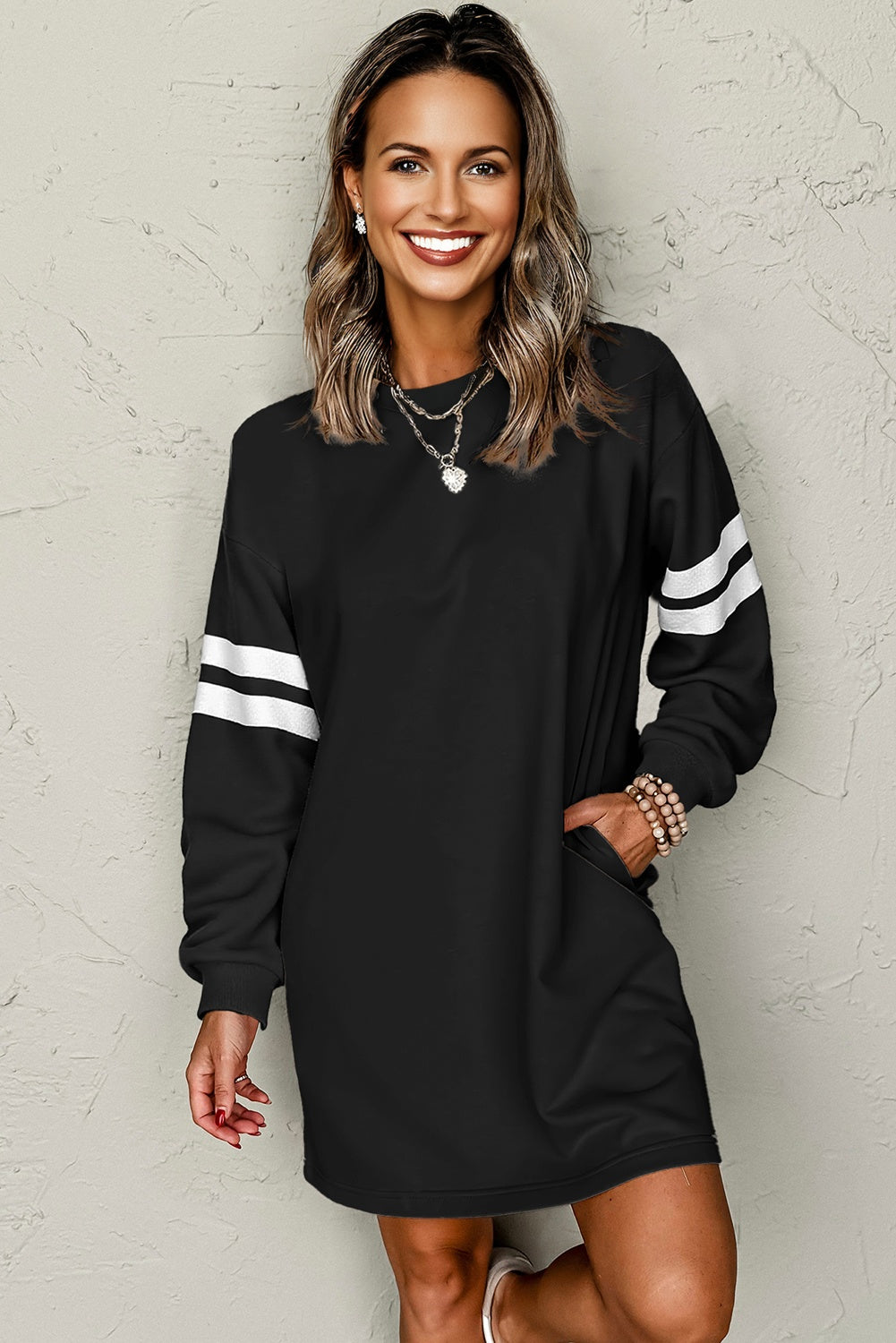 Orange Varsity Contrast Banded Sleeve Shift Sweatshirt Dress