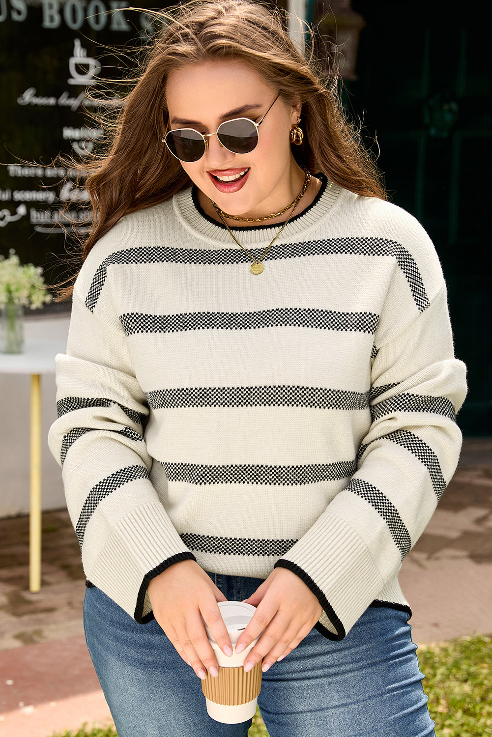 Apricot Stripe Wide Sleeve Drop Shoulder Crew Neck Plus Sweater